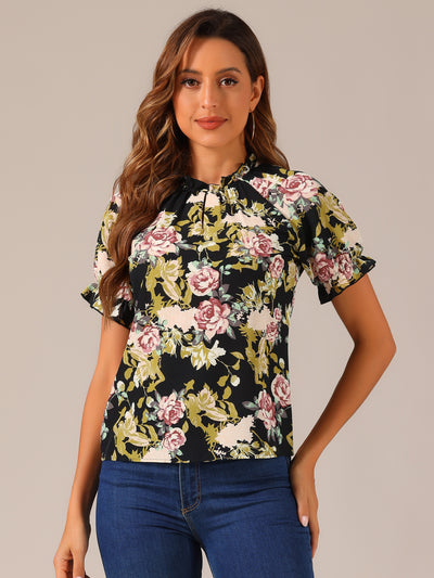 Allegra K Ruffled Short Sleeve Floral Print Mock Neck Blouses