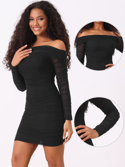 Long Sleeve Off Shoulder Ruched Mesh Bodycon Mini Dress