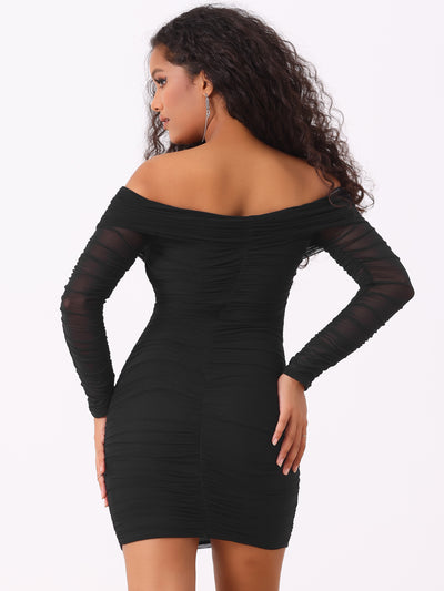 Long Sleeve Off Shoulder Ruched Mesh Bodycon Mini Dress