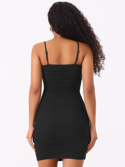 Spaghetti Strap Solid Sleeveless Ruched Bodycon Mini Dress