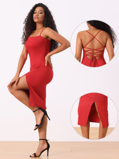 Spaghetti Strap Sleeveless Slit Bodycon Cocktail Midi Dress