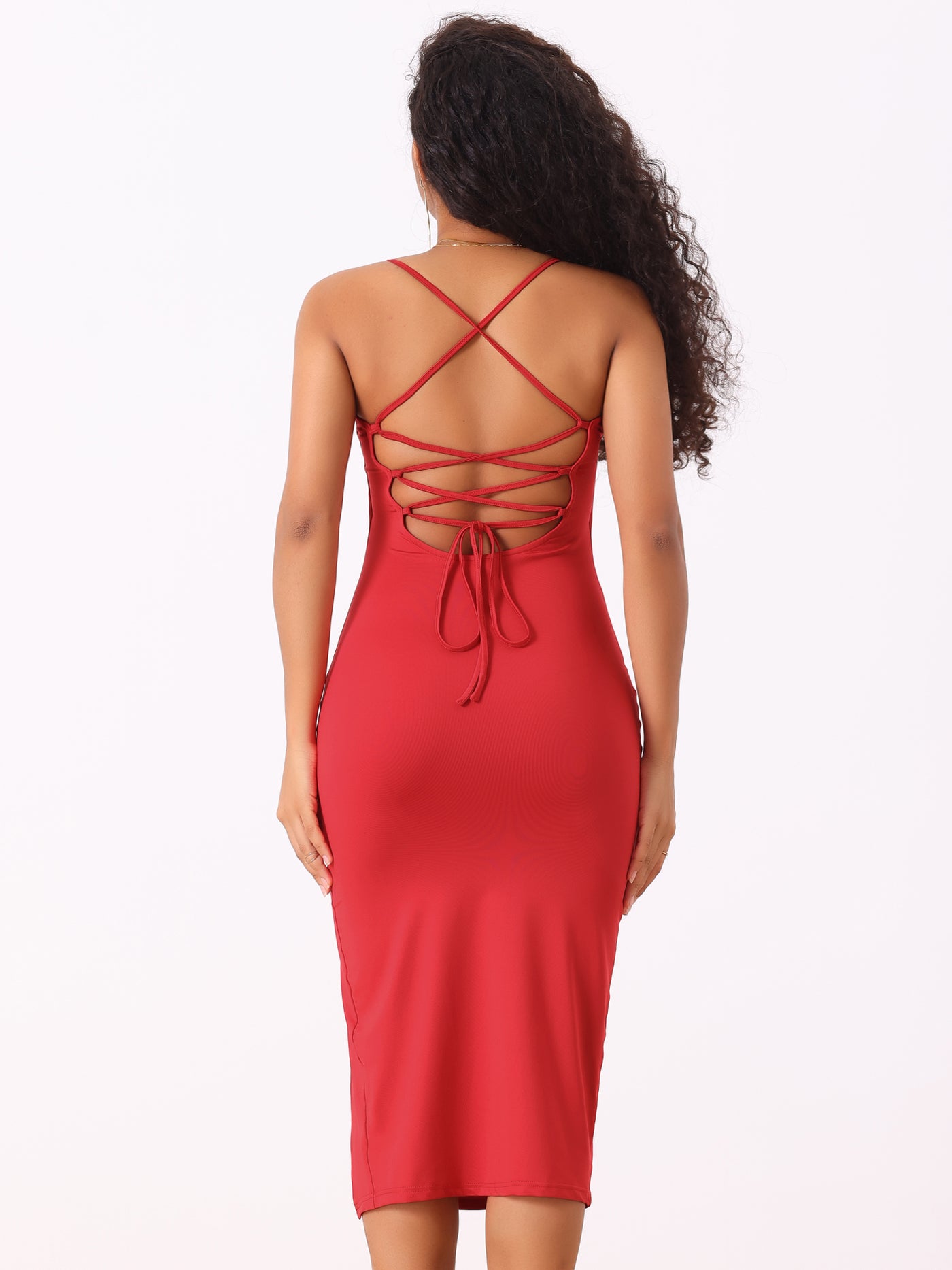 Allegra K Spaghetti Strap Sleeveless Slit Bodycon Cocktail Midi Dress