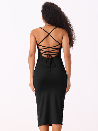 Spaghetti Strap Sleeveless Slit Bodycon Cocktail Midi Dress