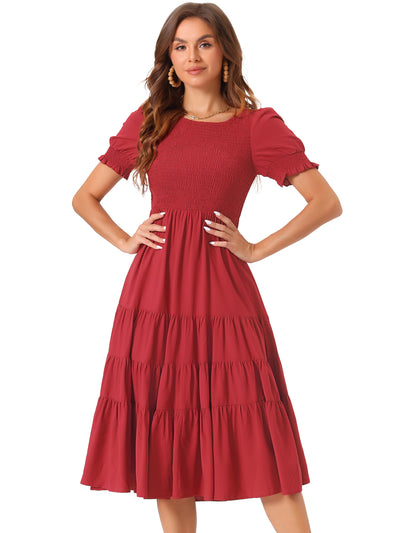 Peasant Smocked Short Sleeve Midi Summer Casual Tiered A-Line Dress