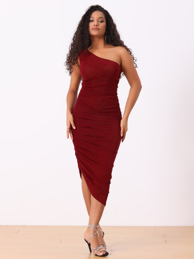 Ruched Bodycon Sleeveless One Shoulder Irregular Hem Prom Midi Dress