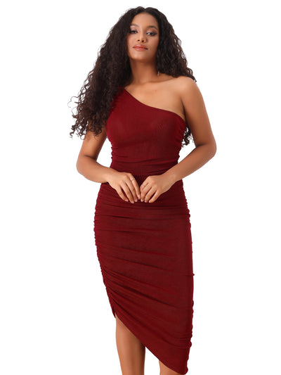 Ruched Bodycon Sleeveless One Shoulder Irregular Hem Prom Midi Dress