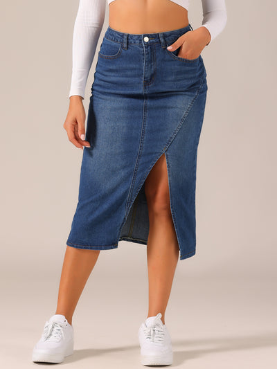 Women's Denim Skirt Casual High Waisted Front Slit Knee Length Jean Skirts