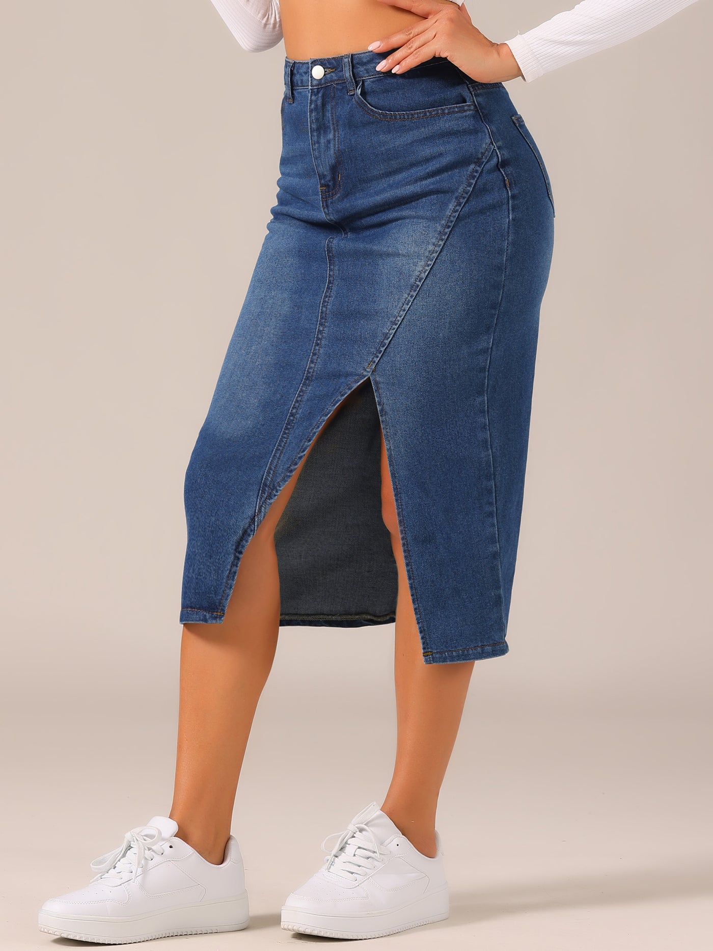 Allegra K Women's Denim Skirt Casual High Waisted Front Slit Knee Length Jean Skirts