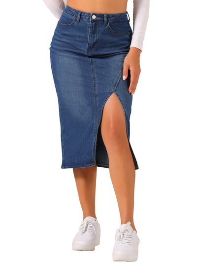 Women's Denim Skirt Casual High Waisted Front Slit Knee Length Jean Skirts