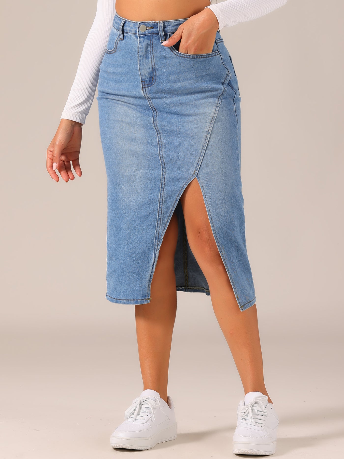 Allegra K Women's Denim Skirt Casual High Waisted Front Slit Knee Length Jean Skirts