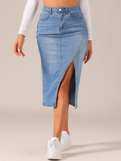 Women's Denim Skirt Casual High Waisted Front Slit Knee Length Jean Skirts