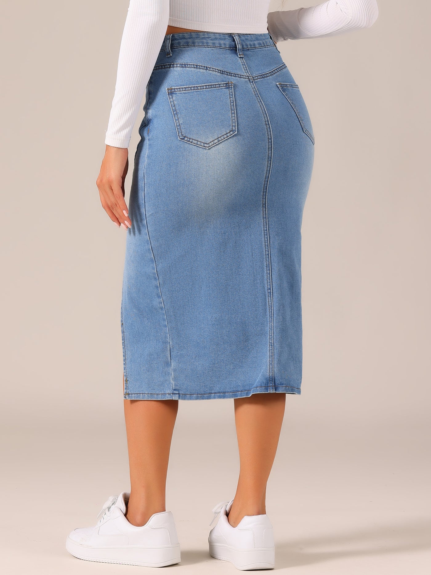 Women s Denim Skirt Casual High Waisted Front Slit Knee Length Jean Skirts Allegra K