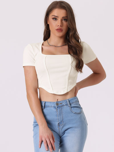 Square Neck Short Sleeves Ribbed Knit Curved Hem Cropped Top