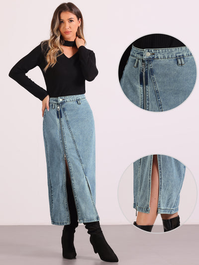 Pocketed Denim Zipper Front Split Maxi Jean Skirt