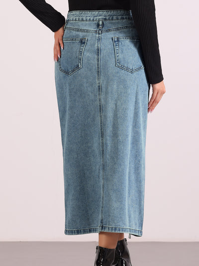 Pocketed Denim Zipper Front Split Maxi Jean Skirt