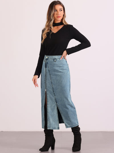 Pocketed Denim Zipper Front Split Maxi Jean Skirt