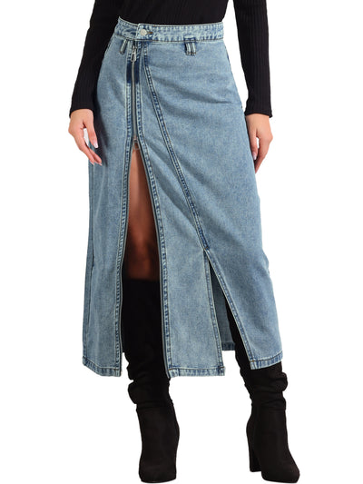 Pocketed Denim Zipper Front Split Maxi Jean Skirt