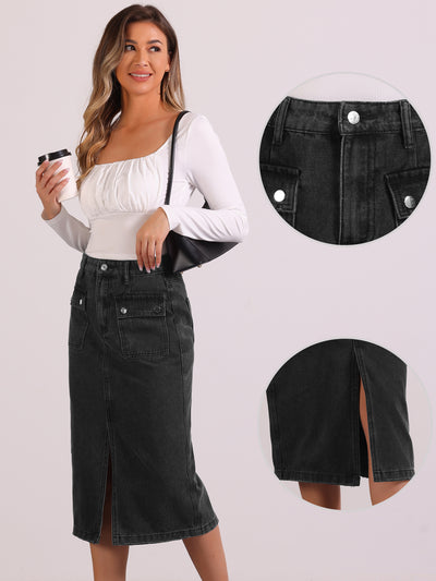 Denim Pocketed Split Hem Casual Midi Jean Skirt