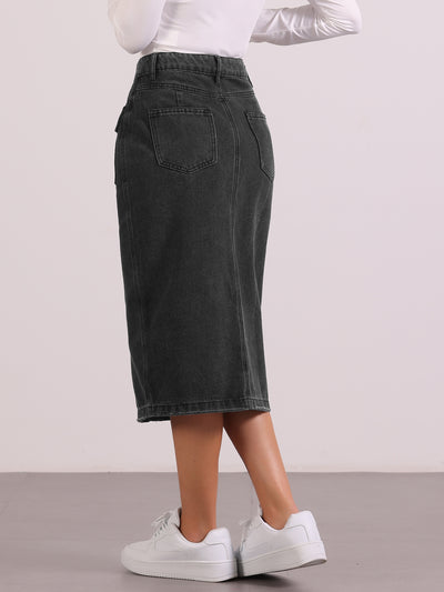 Denim Pocketed Split Hem Casual Midi Jean Skirt