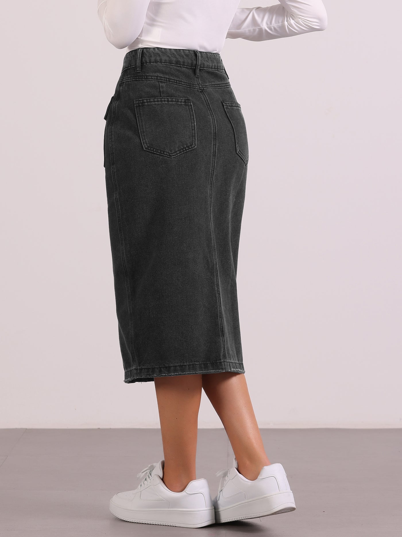 Allegra K Denim Pocketed Split Hem Casual Midi Jean Skirt