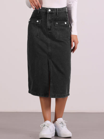 Denim Pocketed Split Hem Casual Midi Jean Skirt