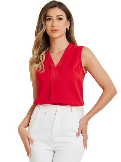 Elegant V Neck Pleated Solid Work Sleeveless Blouse