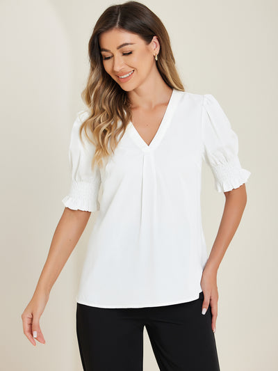 Short Bubble Sleeve Solid V Neck Casual Blouse