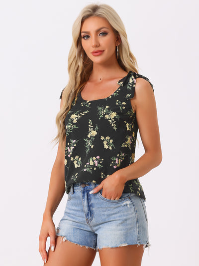 Boho Floral Print Casual Chiffon Tie Shoulders Tank Top