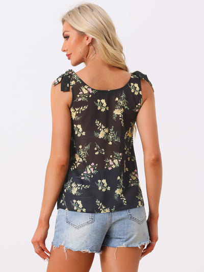 Boho Floral Print Casual Chiffon Tie Shoulders Tank Top