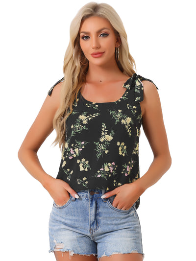 Boho Floral Print Casual Chiffon Tie Shoulders Tank Top