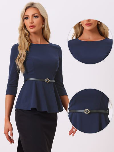 3/4 Sleeve Belted Peplum Elegant Business Work Blouse