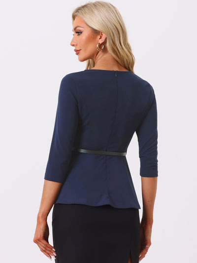 3/4 Sleeve Belted Peplum Elegant Business Work Blouse