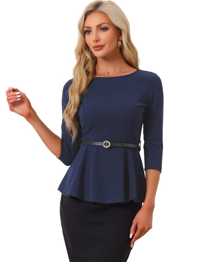 3/4 Sleeve Belted Peplum Elegant Business Work Blouse