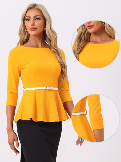 3/4 Sleeve Belted Peplum Elegant Business Work Blouse