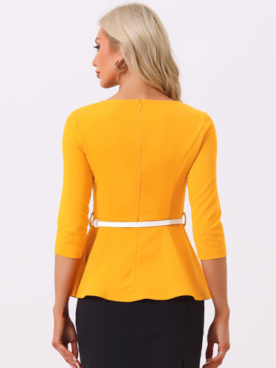 3/4 Sleeve Belted Peplum Elegant Business Work Blouse