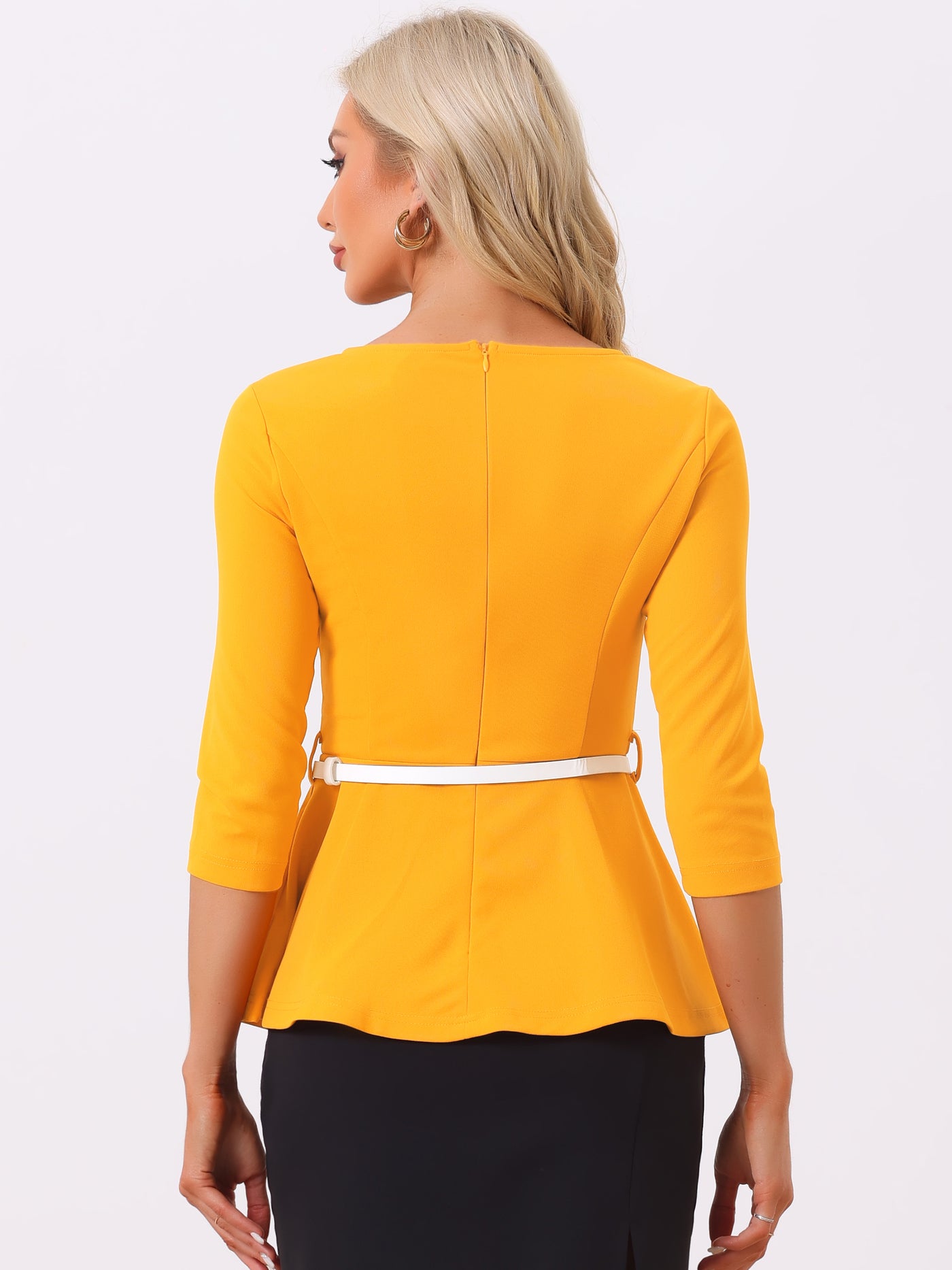 Allegra K 3/4 Sleeve Belted Peplum Elegant Business Work Blouse