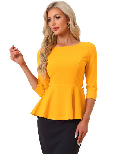 3/4 Sleeve Belted Peplum Elegant Business Work Blouse