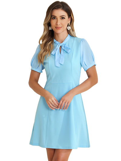 Elegant Tie Neck Puff Short Sleeve Office Work Dress