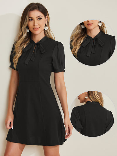 Elegant Tie Neck Puff Short Sleeve Office Work Dress