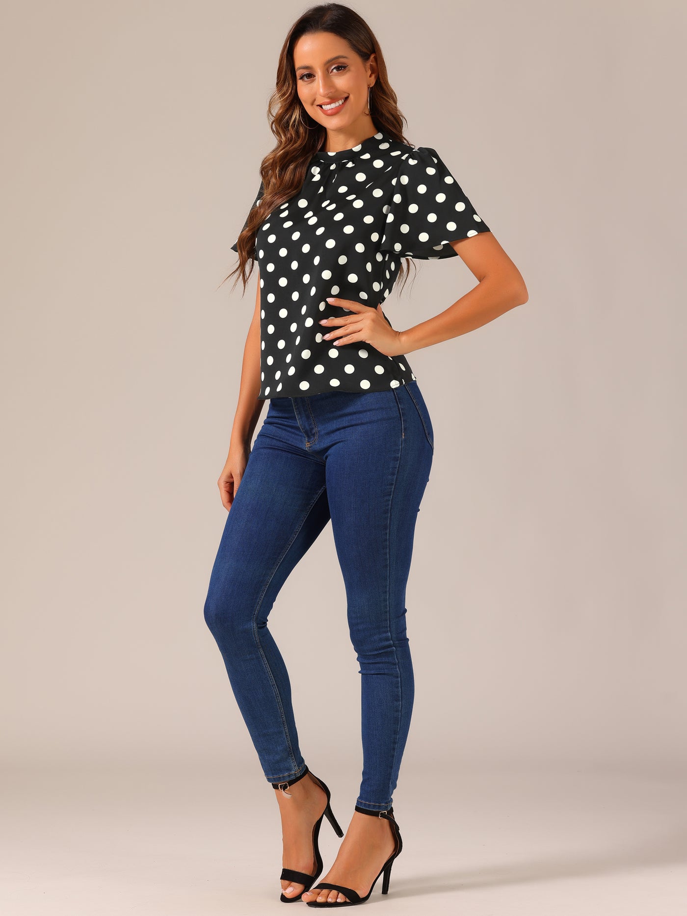 Allegra K Polka Dots Stand Collar Pleat Keyhole Short Flare Sleeve Blouse