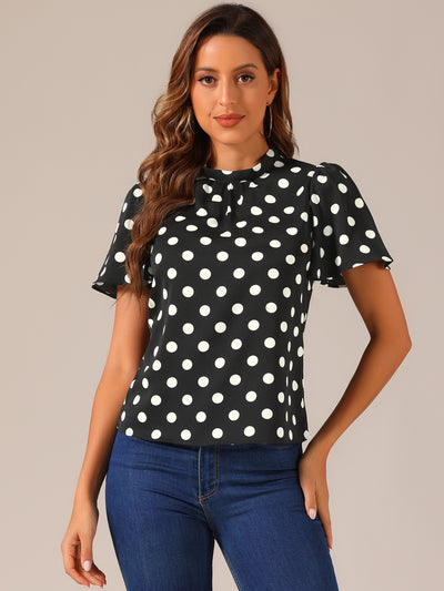 Polka Dots Stand Collar Pleat Keyhole Short Flare Sleeve Blouse