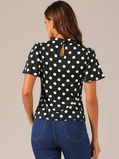 Polka Dots Stand Collar Pleat Keyhole Short Flare Sleeve Blouse