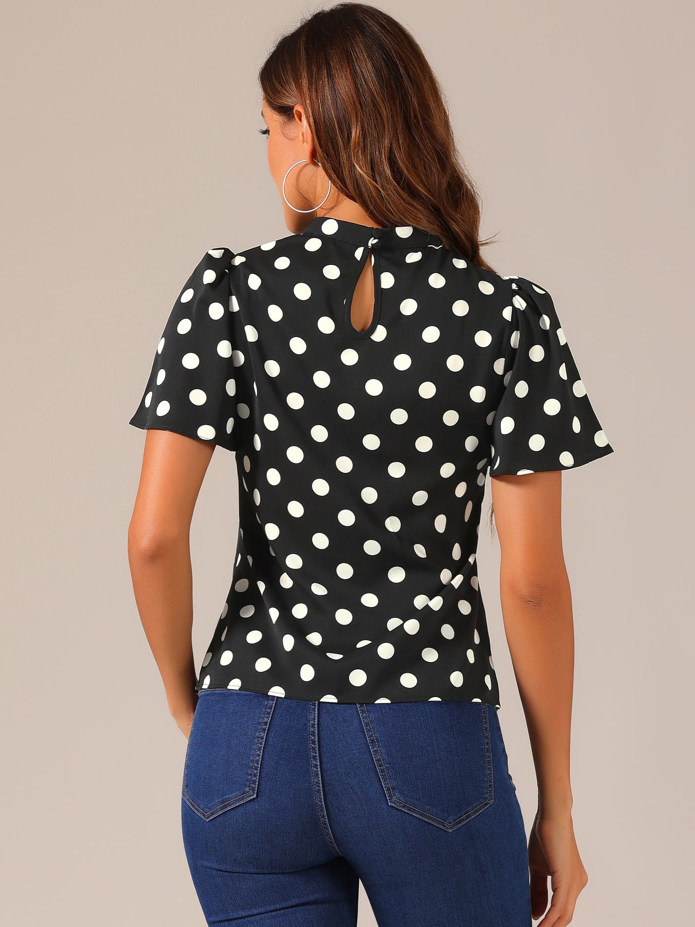 Allegra K Polka Dots Stand Collar Pleat Keyhole Short Flare Sleeve Blouse