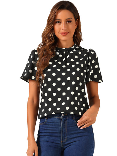 Polka Dots Stand Collar Pleat Keyhole Short Flare Sleeve Blouse