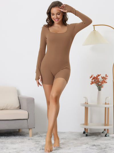 Square Neck Long Sleeve Ribbed Mid Thigh Short Jumpsuit Unitard