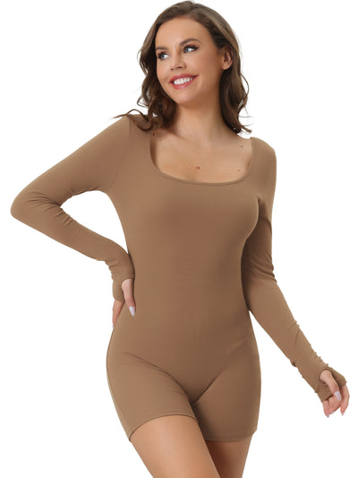 Square Neck Long Sleeve Ribbed Mid Thigh Short Jumpsuit Unitard