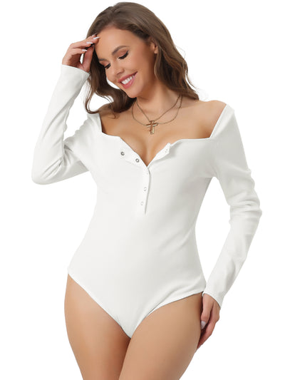 Button Down Ribbed V Neck Casual Long Sleeve Stretchy Bodysuits