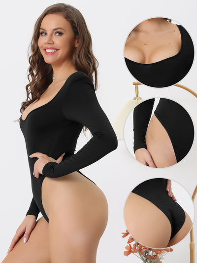 Square Neck Casual Long Sleeve Solid Stretchy Bodysuits