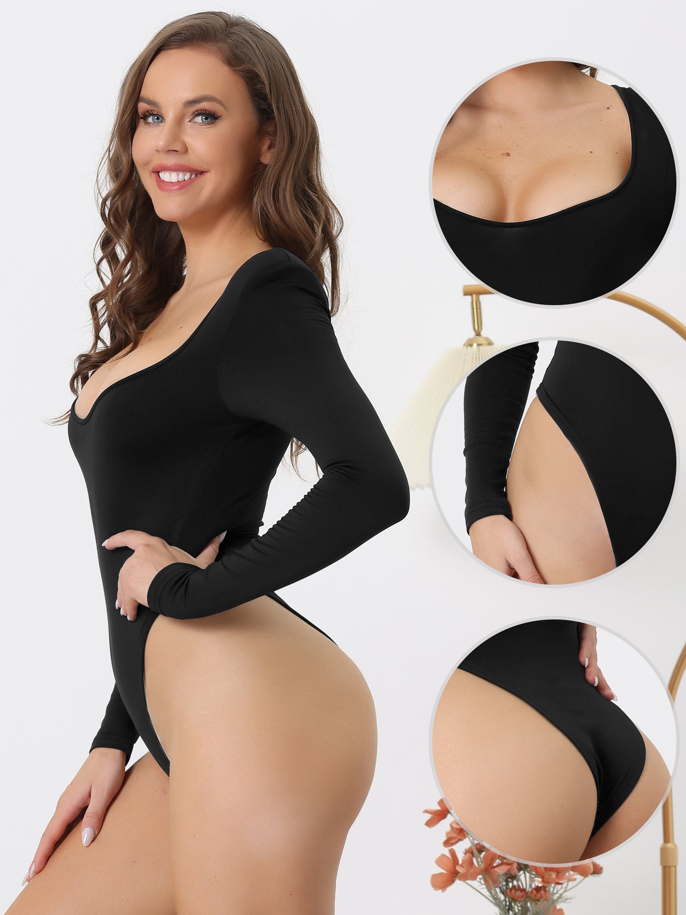 Allegra K Square Neck Casual Long Sleeve Solid Stretchy Bodysuits