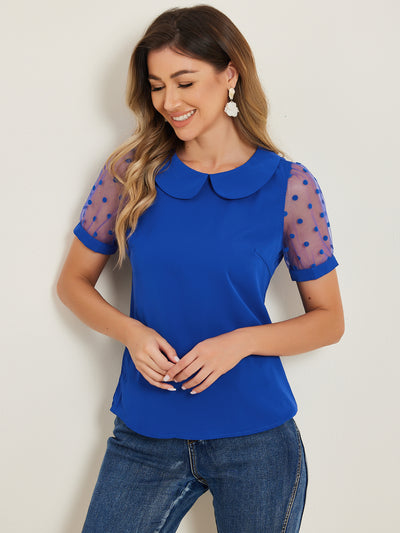 Peter Pan Collar Puff Mesh Short Sleeve Polka Dot Blouse